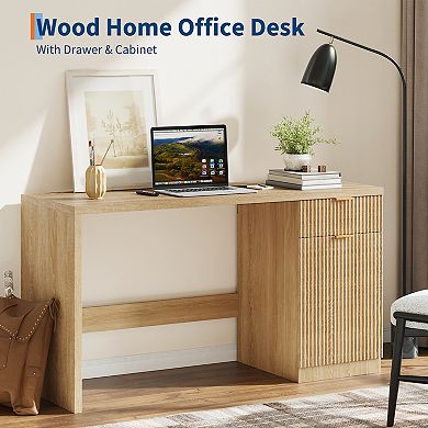 Fluted Computer Desk, Farmhouse Executive Desk with Drawer and Storage Cabinet, Wooden Office Table