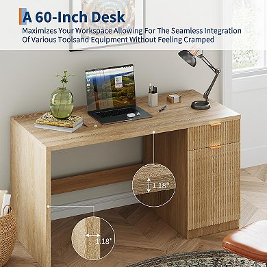 Fluted Computer Desk, Farmhouse Executive Desk with Drawer and Storage Cabinet, Wooden Office Table