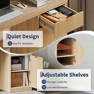 Fluted Computer Desk, Farmhouse Executive Desk with Drawer and Storage Cabinet, Wooden Office Table