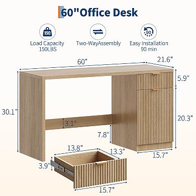 Fluted Computer Desk, Farmhouse Executive Desk with Drawer and Storage Cabinet, Wooden Office Table