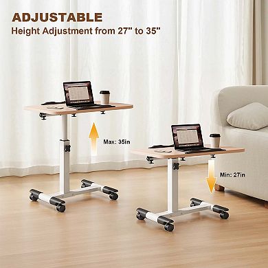Adjustable Height C End Table with Storage Shelves, Mobile over Bed Side Table with Wheels
