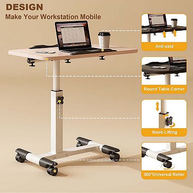 Adjustable Height C End Table with Storage Shelves, Mobile over Bed Side Table with Wheels