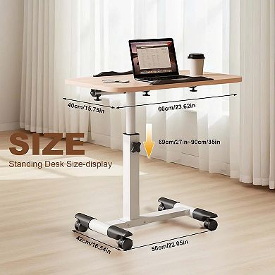 Adjustable Height C End Table with Storage Shelves, Mobile over Bed Side Table with Wheels