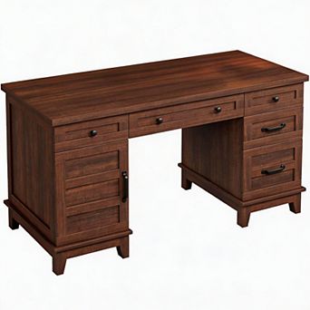 60" Farmhouse Wood Desk with Drawers, Executive Desk with Adjustable File Cabinet and Power Outlets
