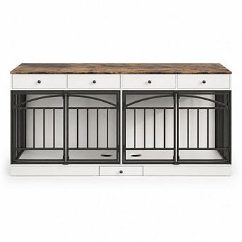 Double Dog Crate Furniture Indoor Kennel for 2 Dogs with 4 Storage Drawers, Feeding Bowls