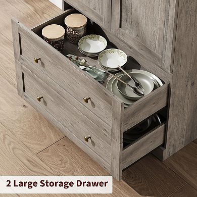 72" Tall Arched Kitchen Pantry Cabinet, Wood Storage Cabinet with 2 Drawers, Doors & Shelves