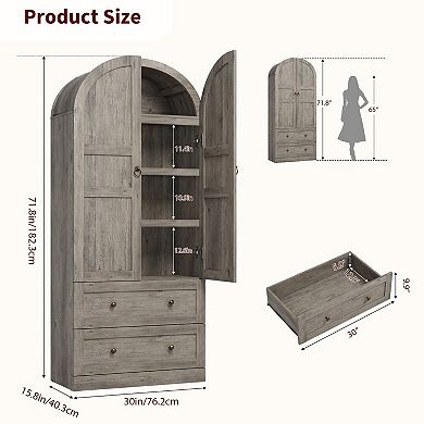 72" Tall Arched Kitchen Pantry Cabinet, Wood Storage Cabinet with 2 Drawers, Doors & Shelves