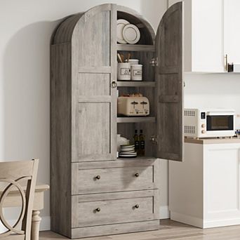 72" Tall Arched Kitchen Pantry Cabinet, Wood Storage Cabinet with 2 Drawers, Doors & Shelves