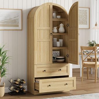 72" Tall Arched Kitchen Pantry Cabinet, Wood Storage Cabinet with 2 Drawers, Doors & Shelves