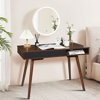 Mid-Century Modern Writing Desk 42 Inch Wooden Computer Table with Drawer & Open Storage Cubby