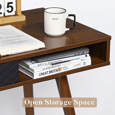 Mid-Century Modern Writing Desk 42 Inch Wooden Computer Table with Drawer & Open Storage Cubby