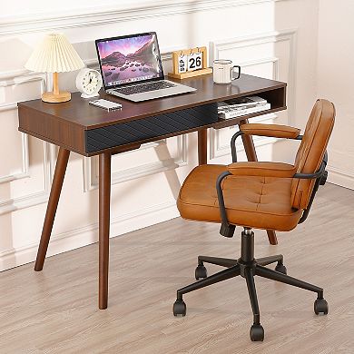 Mid-Century Modern Writing Desk 42 Inch Wooden Computer Table with Drawer & Open Storage Cubby