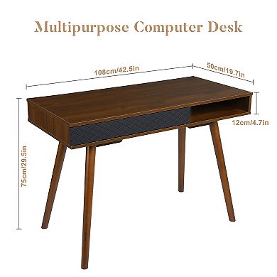 Mid-Century Modern Writing Desk 42 Inch Wooden Computer Table with Drawer & Open Storage Cubby