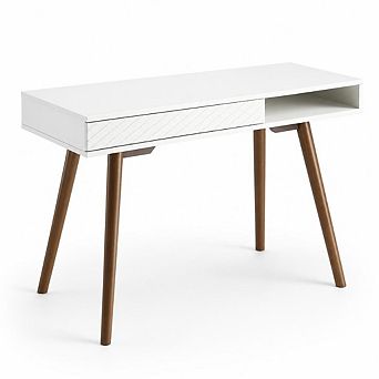 Mid-Century Modern Writing Desk 42 Inch Wooden Computer Table with Drawer & Open Storage Cubby