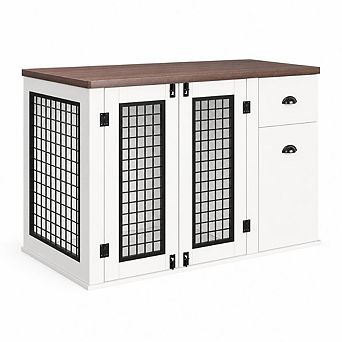 White Wooden Dog Crate Furniture - Heavy Duty Indoor Pet Kennel Table with Double Doors, Drawers