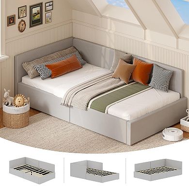 Twin Daybed with Bed Rails, Velvet Upholstered Corner Bed Frame with Headboard for Living Room