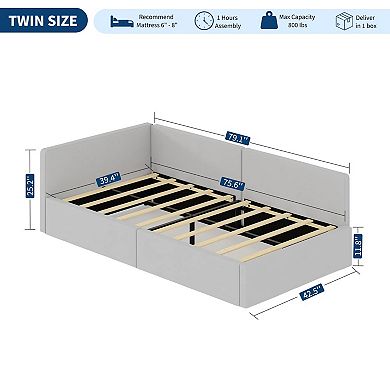 Twin Daybed with Bed Rails, Velvet Upholstered Corner Bed Frame with Headboard for Living Room