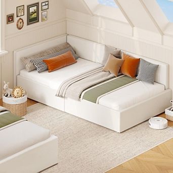 Twin Daybed with Bed Rails, Velvet Upholstered Corner Bed Frame with Headboard for Living Room