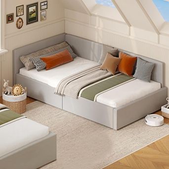Twin Daybed with Bed Rails, Velvet Upholstered Corner Bed Frame with Headboard for Living Room