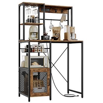 Kitchen Bakers Rack with Power Outlet Industrial Microwave Stand with Storage, Freestanding Shelf