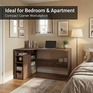 L Shaped Desk with Storage Shelves, Small Corner Desk, Reversible Table with 3 Tier Shelves