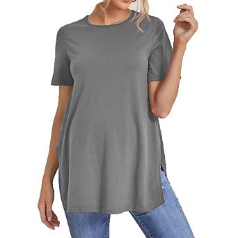 Women's Round Neck Short Sleeve T-Shirt Loose Fit with Side Slits Casual Daily Office Wear Top