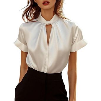 Women's Satin Keyhole Neck Blouse, Short Sleeve Cuffed Elegant Work Shirt
