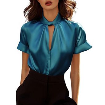 Women's Satin Keyhole Neck Blouse, Short Sleeve Cuffed Elegant Work Shirt