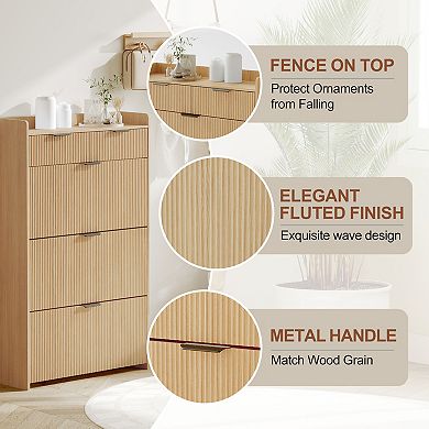 Modern Fluted Outdoor Shoe Storage Bench, 3 Turnover Drawers, 2 Small Drawers & Side Hook