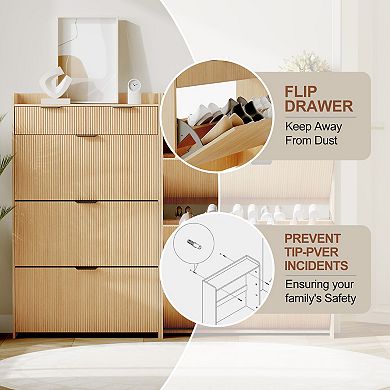 Modern Fluted Outdoor Shoe Storage Bench, 3 Turnover Drawers, 2 Small Drawers & Side Hook