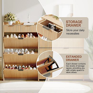 Modern Fluted Outdoor Shoe Storage Bench, 3 Turnover Drawers, 2 Small Drawers & Side Hook