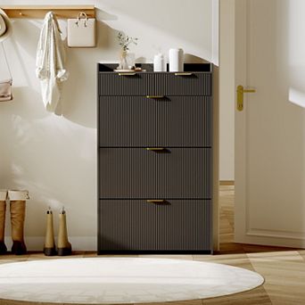 Modern Fluted Outdoor Shoe Storage Bench, 3 Turnover Drawers, 2 Small Drawers & Side Hook