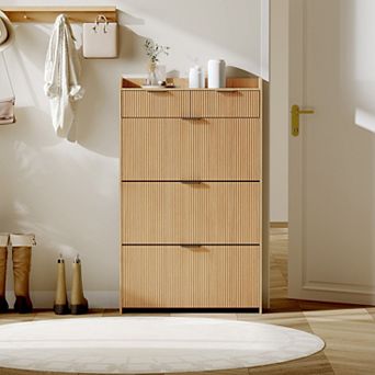 Modern Fluted Outdoor Shoe Storage Bench, 3 Turnover Drawers, 2 Small Drawers & Side Hook