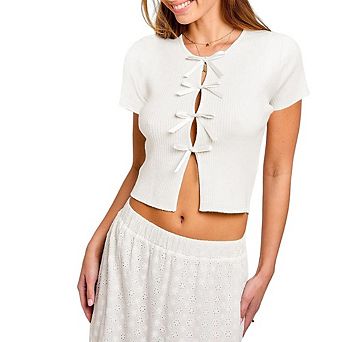 Women's Ribbed Knit Short Sleeve Top with Bow Ties Fitted Casual Party Daily Wear Blouse