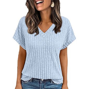 Women's Ribbed Knit V-Neck Short Sleeve T-Shirt Casual Loose Fit Daily Office Wear Top