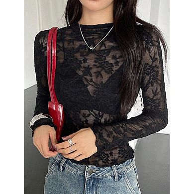 Women's Long Sleeve Mesh Lace Top High Neck Sheer Fitted Casual Daily Layering Blouse
