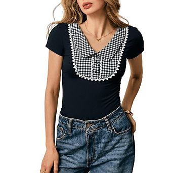 Women's Short Sleeve Blouse with Lace Trim Collar V-Neck Button Front Casual Daily Wear Top