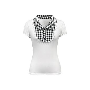 Women's Short Sleeve Blouse with Lace Trim Collar V-Neck Button Front Casual Daily Wear Top