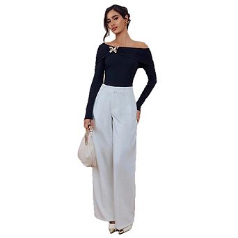 Women's Off Shoulder Ruched Long Sleeve Blouse with Butterfly Brooch Formal Party Evening Top