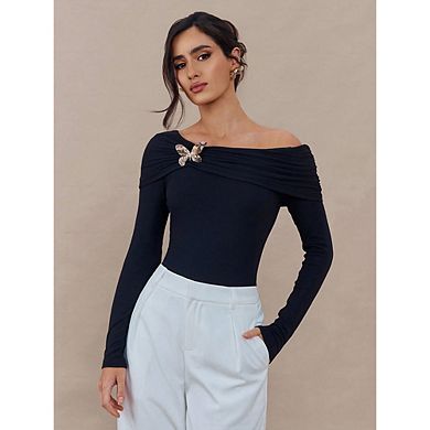 Women's Off Shoulder Ruched Long Sleeve Blouse with Butterfly Brooch Formal Party Evening Top