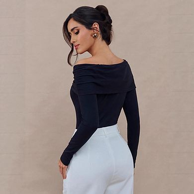 Women's Off Shoulder Ruched Long Sleeve Blouse with Butterfly Brooch Formal Party Evening Top