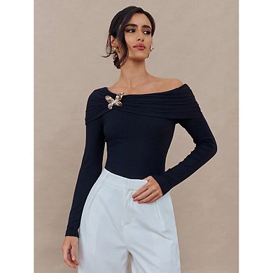 Women's Off Shoulder Ruched Long Sleeve Blouse with Butterfly Brooch Formal Party Evening Top