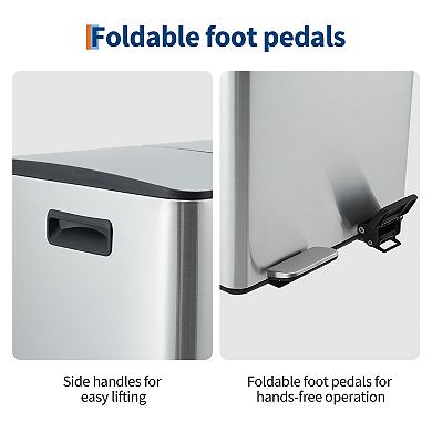 Dual Compartment Trash Can, Soft-Close Lid, Step-on Pedal, Removable Inner Buckets, for Kitchen