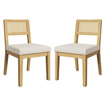 Set of 2 French Country Rattan Dining Chairs, Wood Frame Chairs with Upholstered Seat for Kitchen