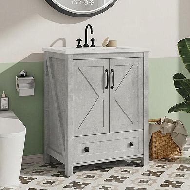 Modern Bathroom Vanity Set, Freestanding Cabinet with Ceramic Basin, Waterproof & Easy Assembly