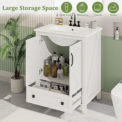 Modern Bathroom Vanity Set, Freestanding Cabinet with Ceramic Basin, Waterproof & Easy Assembly