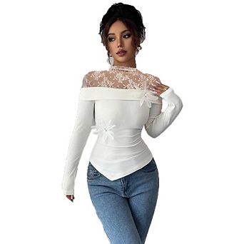 Women's Long Sleeve Lace Mesh Top High Neck Fitted with Floral Appliques Casual Evening Blouse