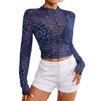 Women's Paisley Print Mesh Long Sleeve Top High Neck Sheer Casual Summer Festival Blouse