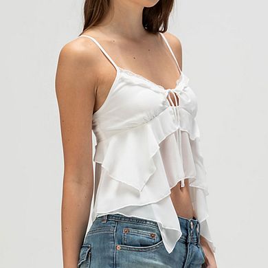 Women's Spaghetti Strap Cami Top V-Neck Ruffled Tie Front Casual Summer Vacation Blouse