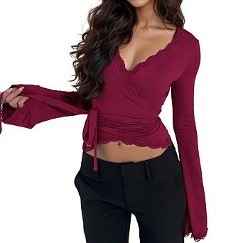 Women's Lace Trim Wrap Long Sleeve Top V-Neck Tie Waist Casual Party Evening Blouse